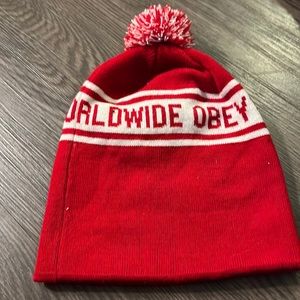 Red and white obey beanie